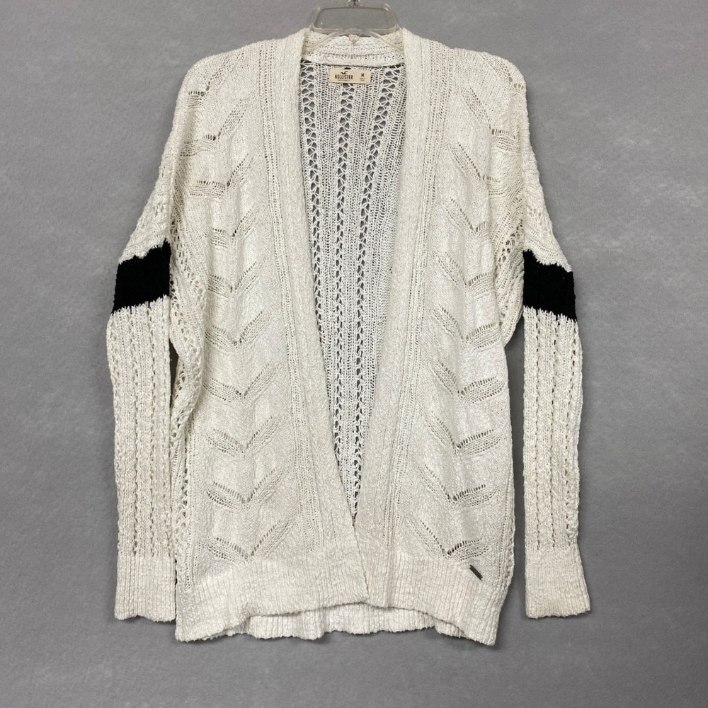 Hollister Womens M Open Knit Cardigan Cream Black Stripe Boho Sweater